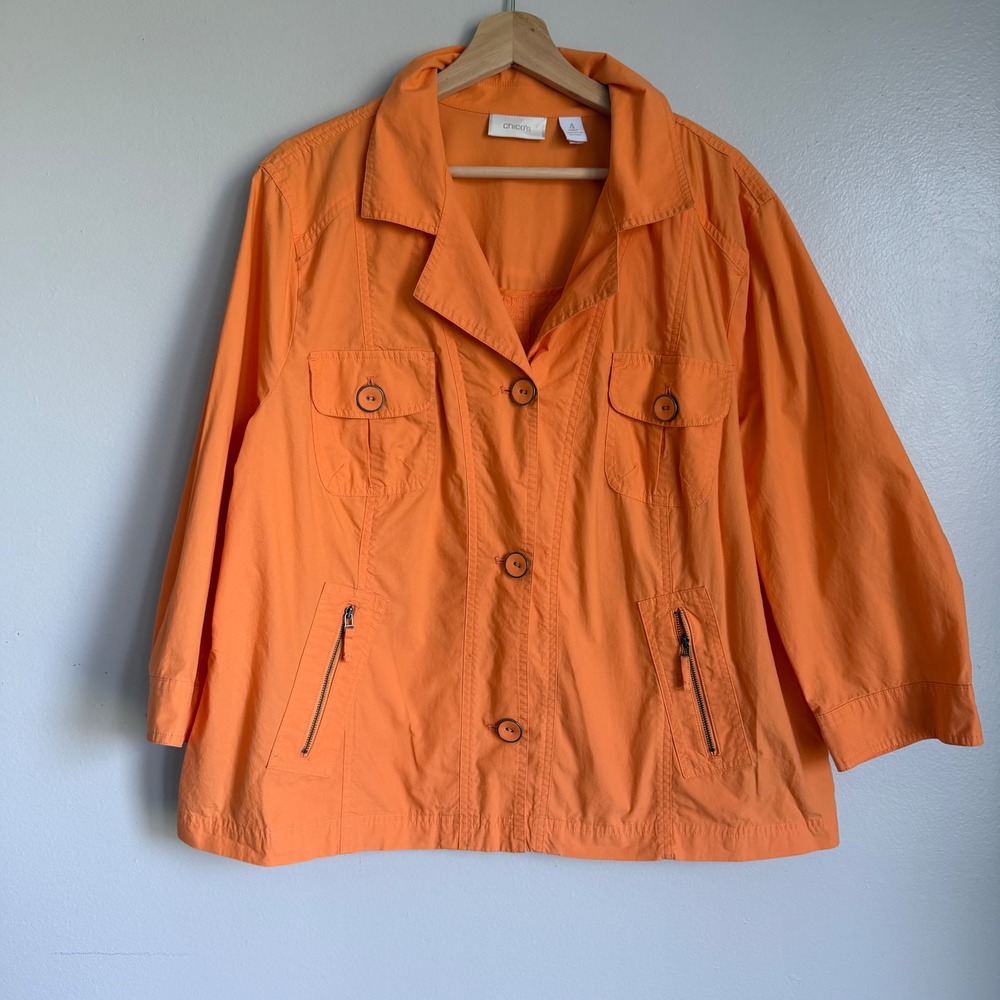 Chicos Orange Cotton Utility Jacket Button Front 3/4‎ Sleeve Size 4 Womens
